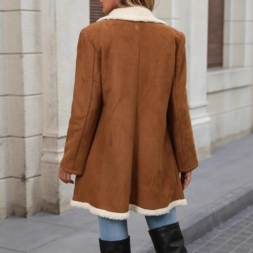 Women's Suede Fashion Casual Polo Collar Mid-length Coats
