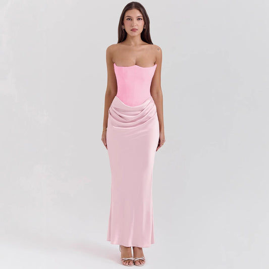 Women's Red Tube Fishbone Sexy Slim Fishtail Dress Long Tops