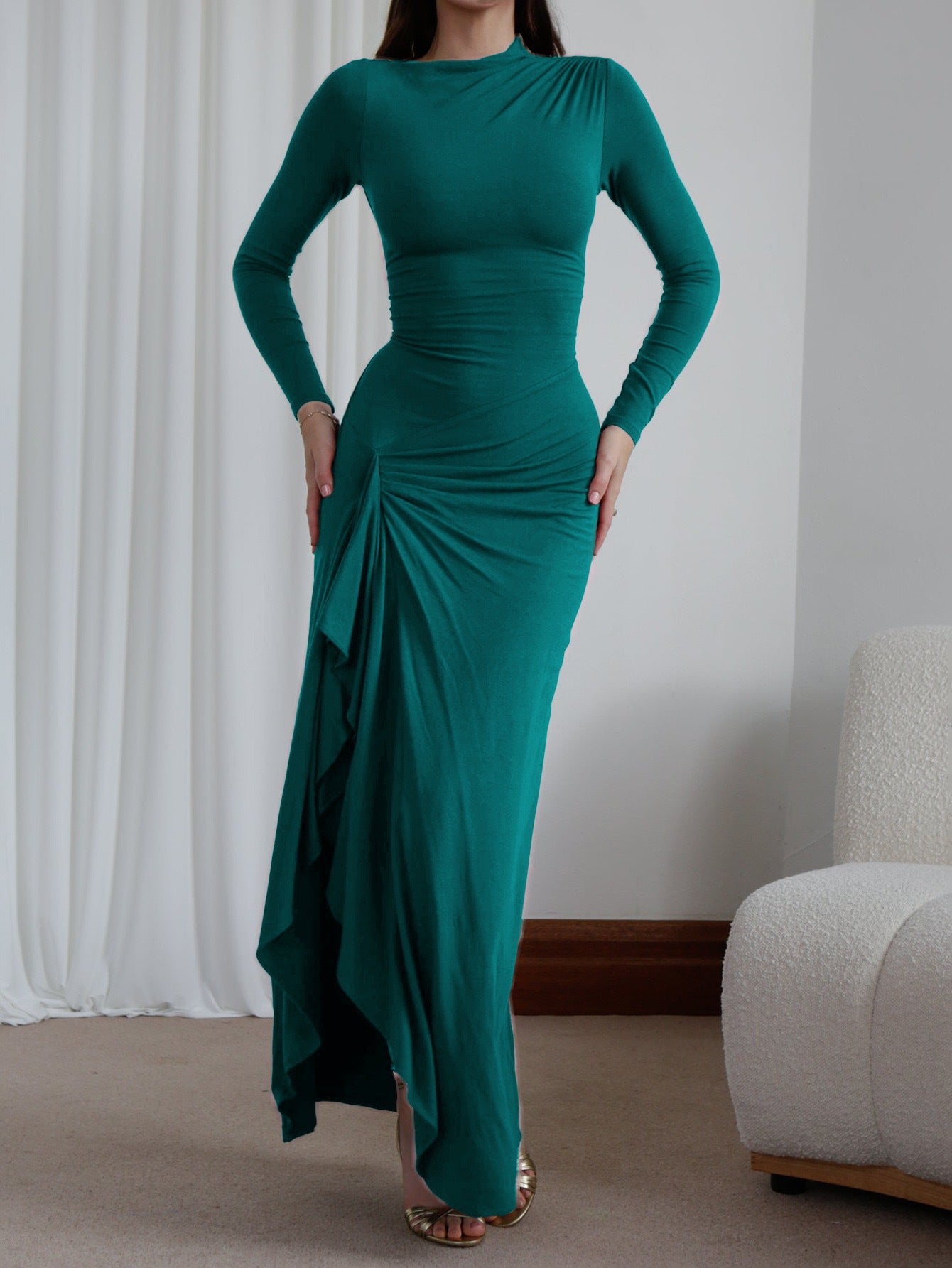 Women's Autumn Solid Color Round Neck Fashion Elegant Slit Dress