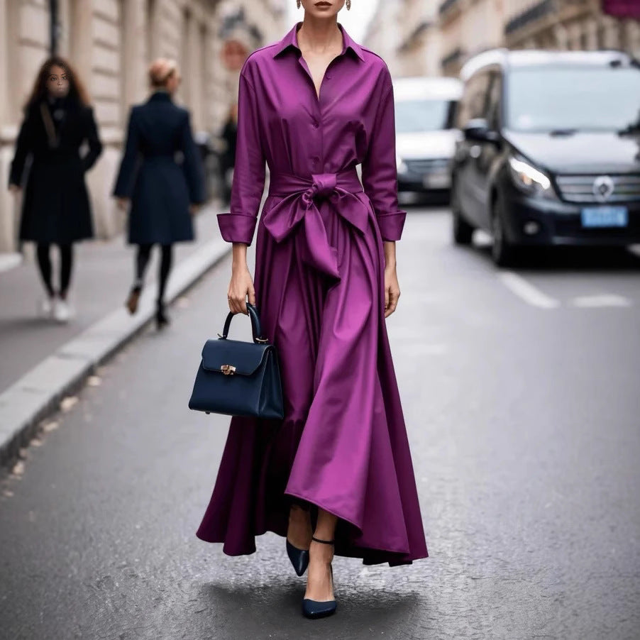 Women's Long Sleeve Pure Color Tied Lapel Dresses