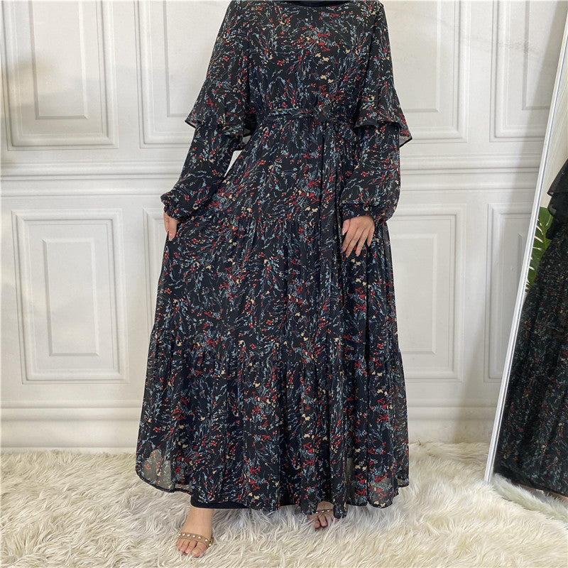 Chiffon Printed Long Sleeve Big Hem Dress