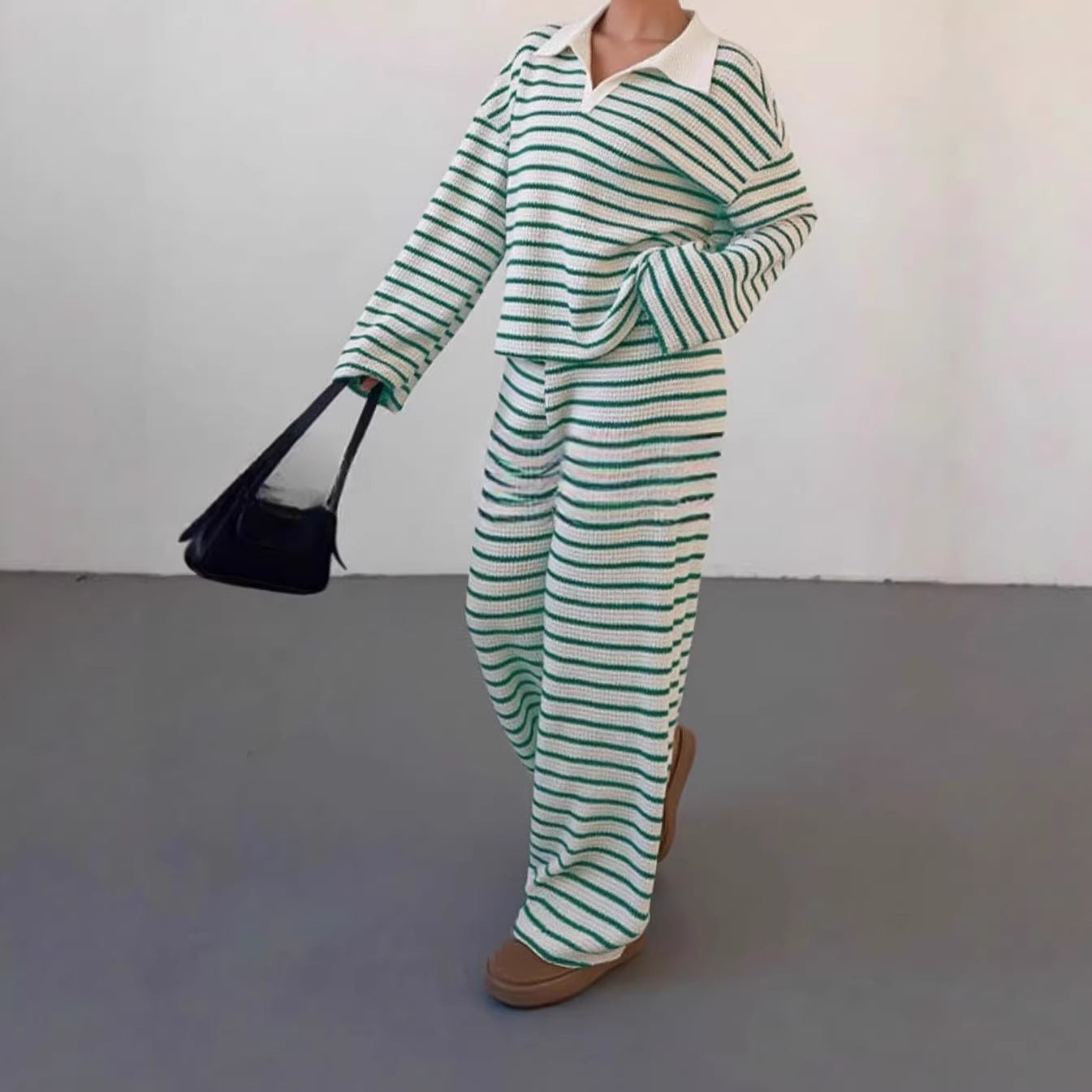 Women's Stripes Contrast Color Long Sleeve Trousers Fashion Casual Suit