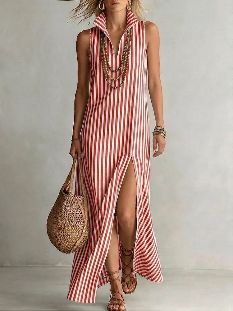 Striped Stand Collar Sleeveless Split Long Dress