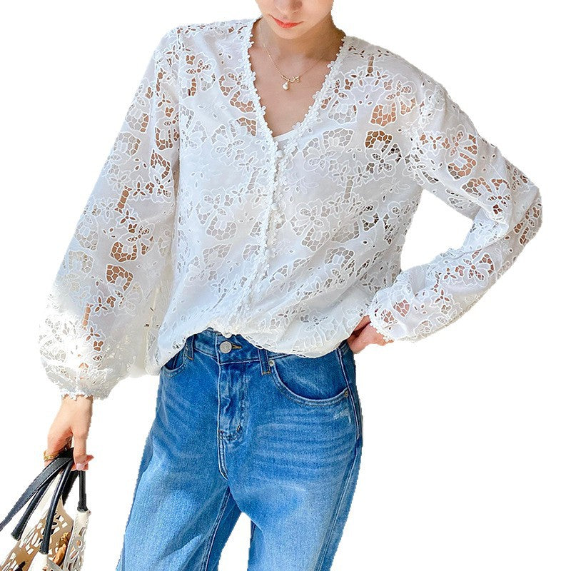 Women's Autumn Embroidery Classic Style French Shirt Long Sleeve Blouses