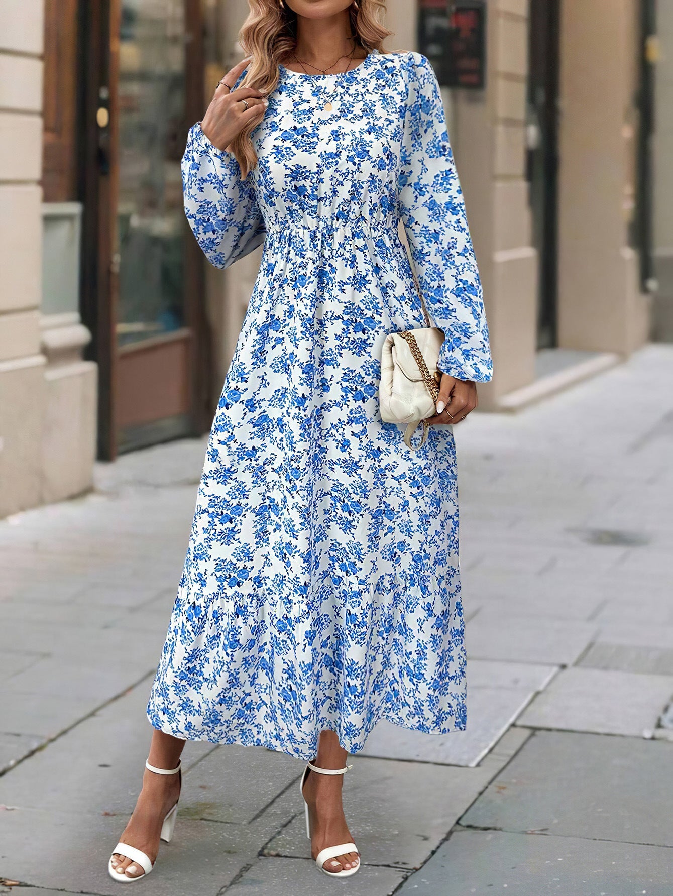 Women's Printed Round Neck Long Sleeve Ruffled Dress