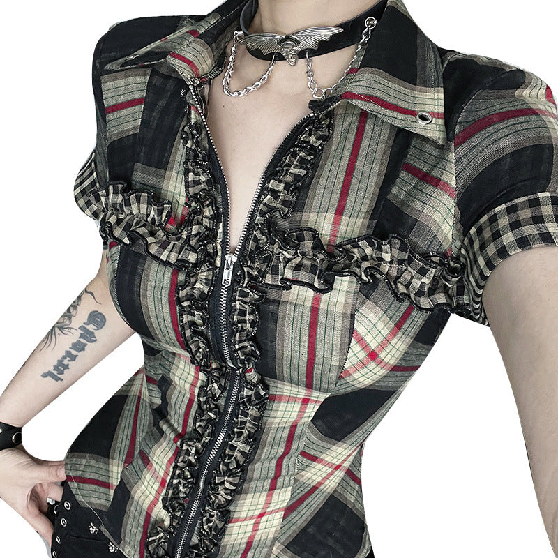 Women's Dark Plaid Shirt Hot Style Zipper Blouses