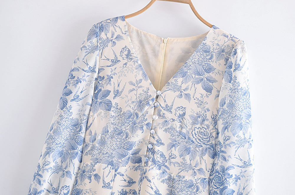Women's Printed Front Row Buttons Hem Sexy Dresses