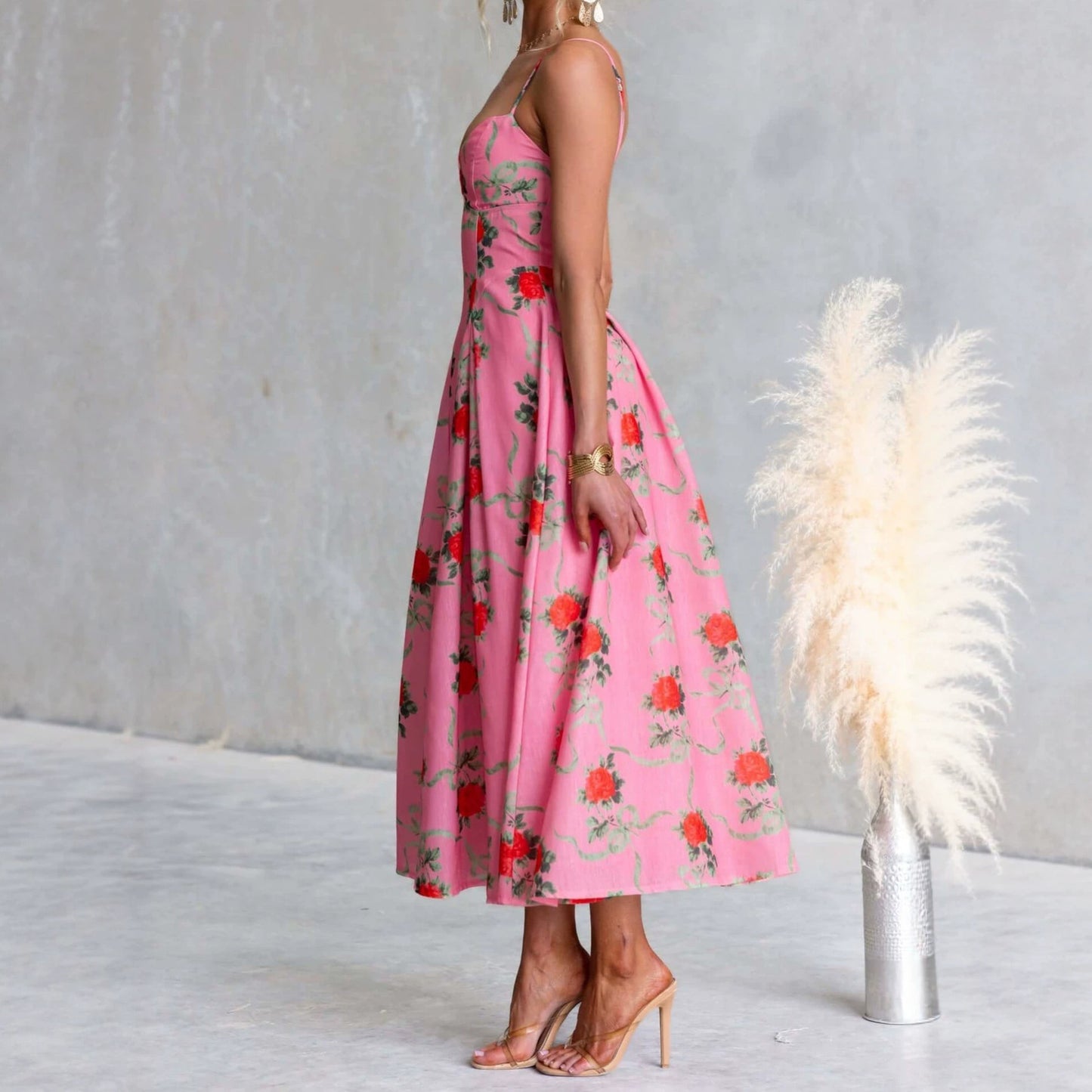 Women's Summer Flower Printed Large Swing Strap Beach Dress