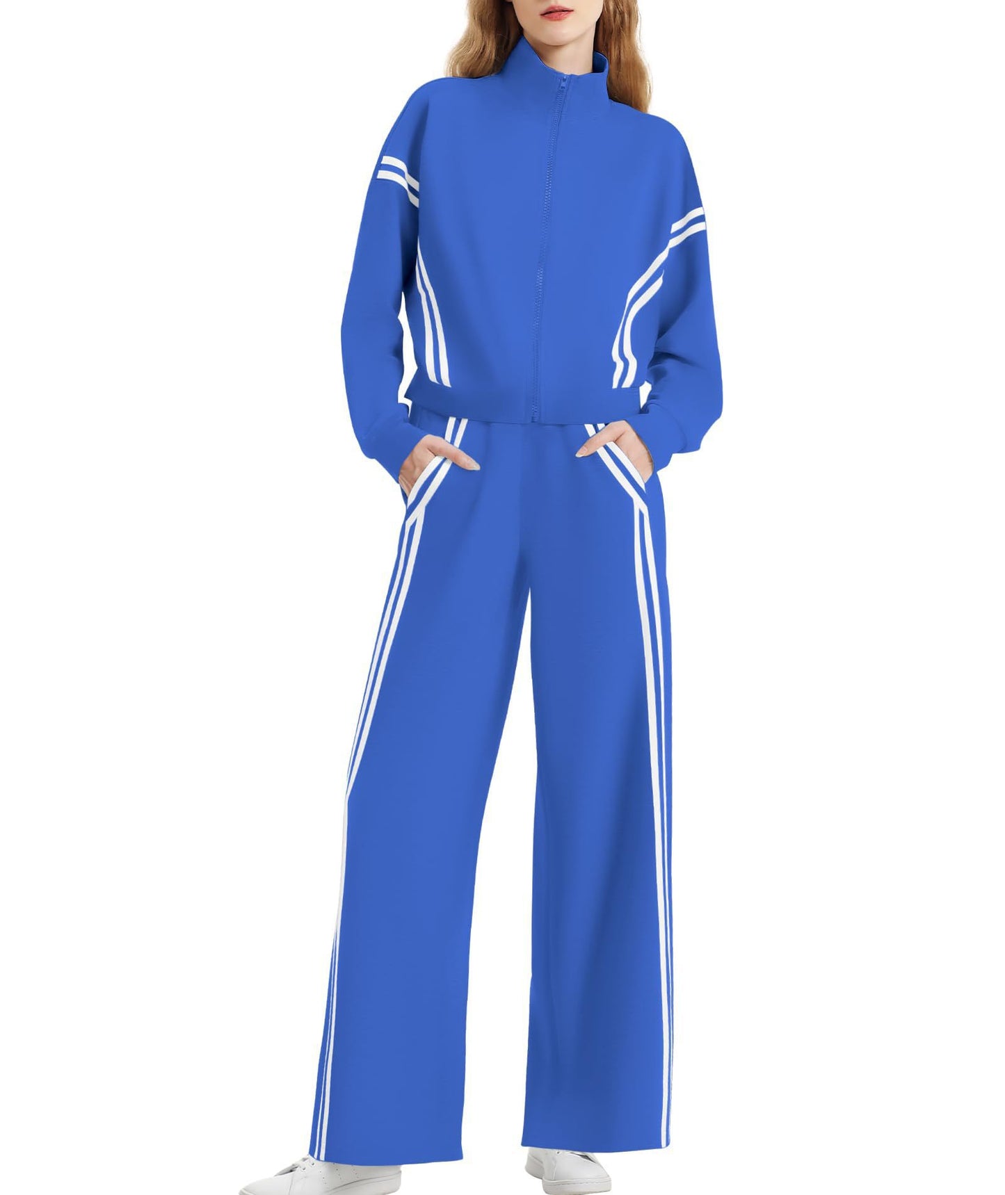 Wear Zipper Sports Contrast Color Striped Wide Leg Jogger Travel Fashion Casual Suit