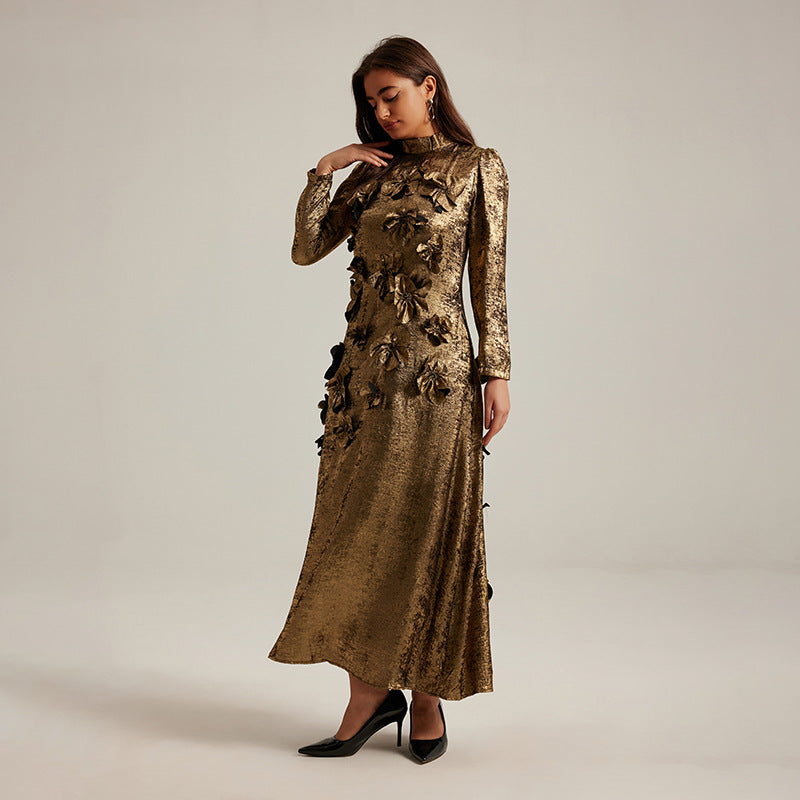 Women's French Three-dimensional Flower Patchwork A- Line Dresses