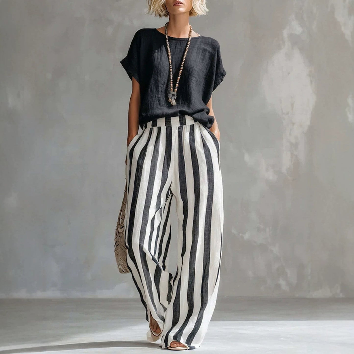Women's Round Neck Straight Striped Trousers Fashion Casual Suit