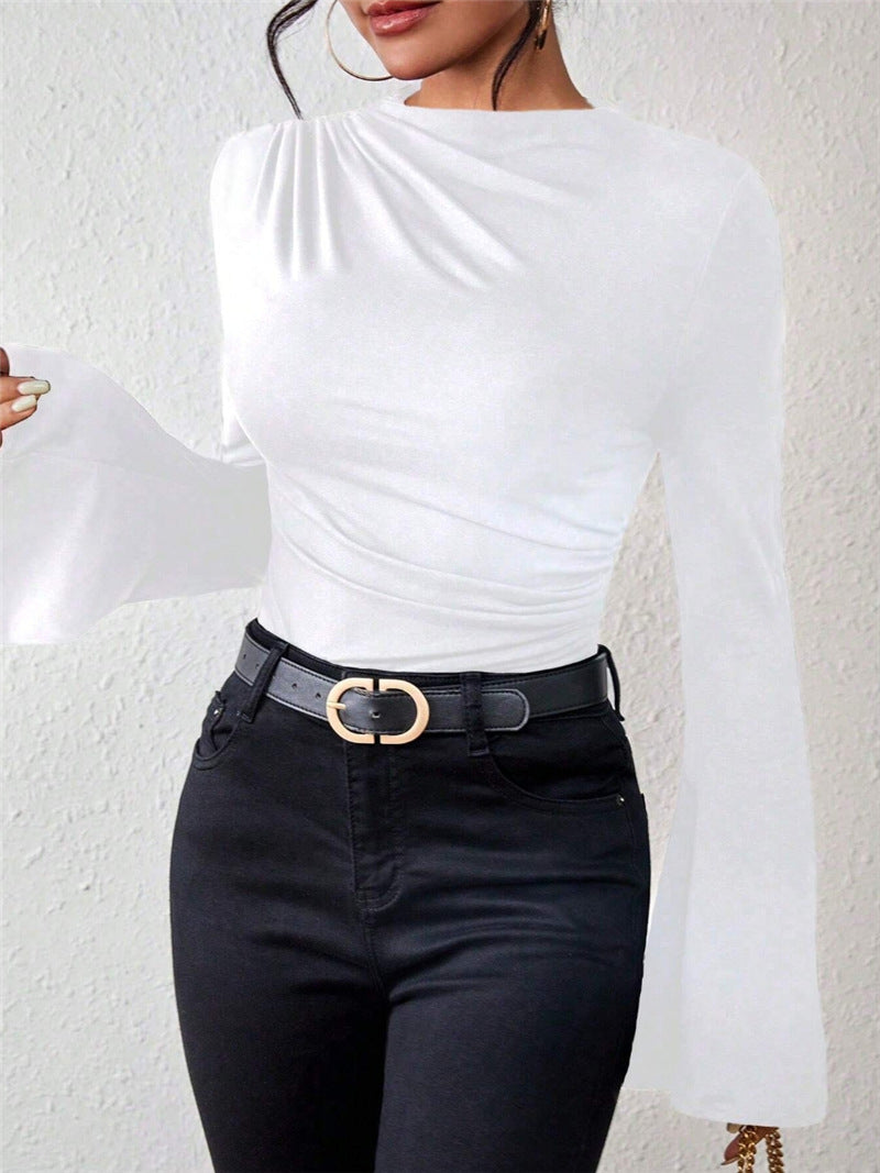 Women's Design Sense Bell Sleeve Stand-up Collar Slim Blouses