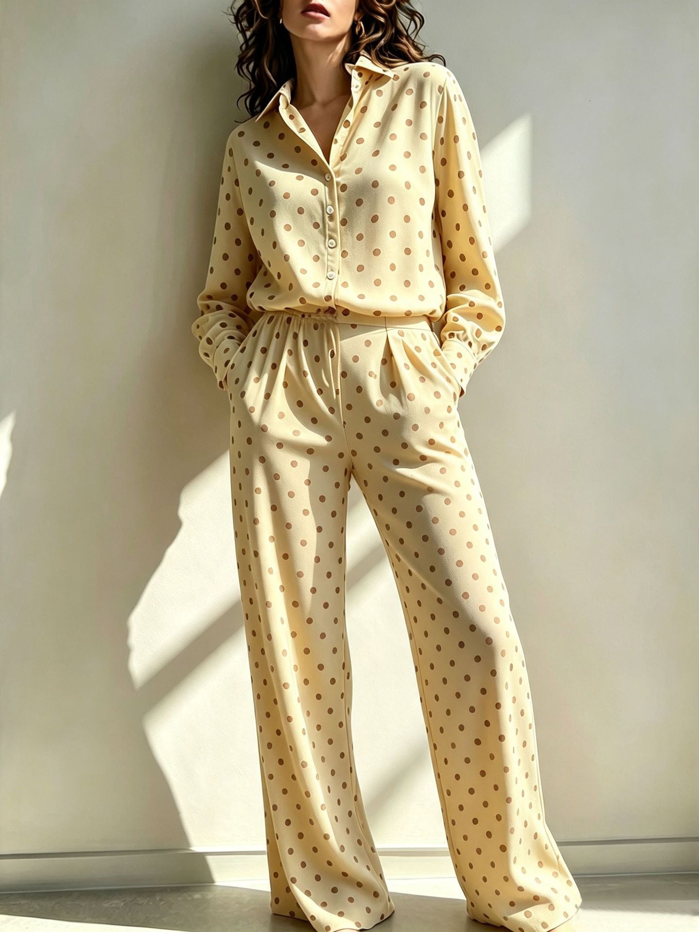 Sleeve Lapel Shirt Elastic Waist Wide Leg Two-piece Set Light Pants