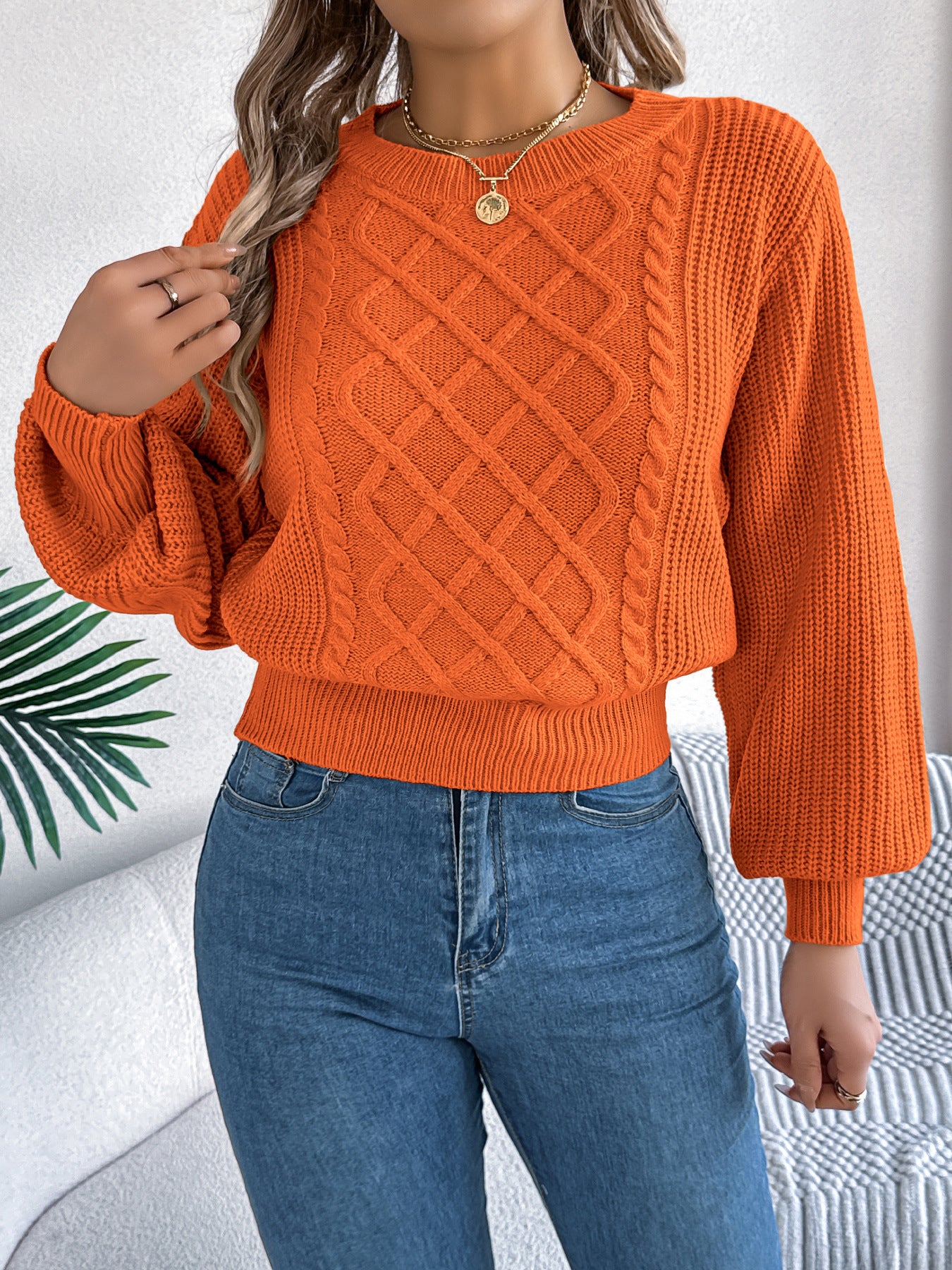 Women's Solid Color Twist Lantern Long Sleeve Sweater