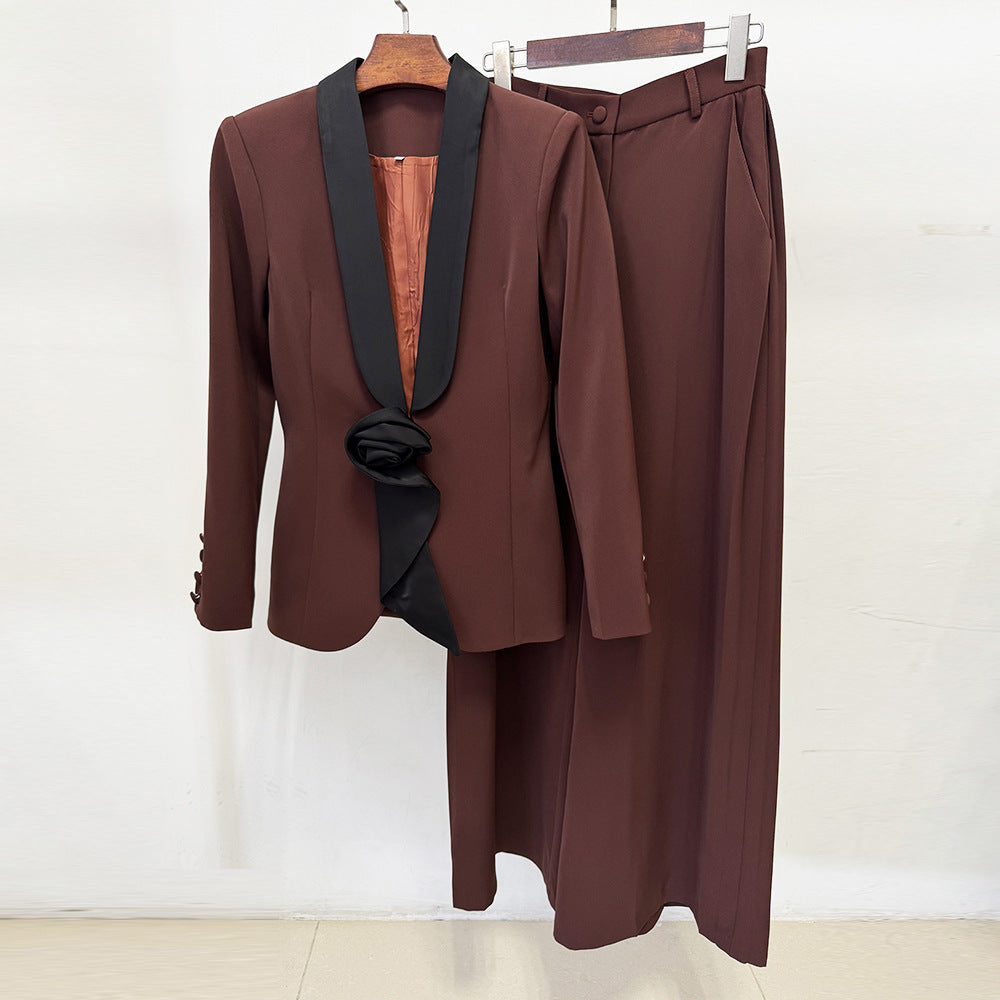 Two-piece Set Color Contrast Green Collar Fashion Casual Suit