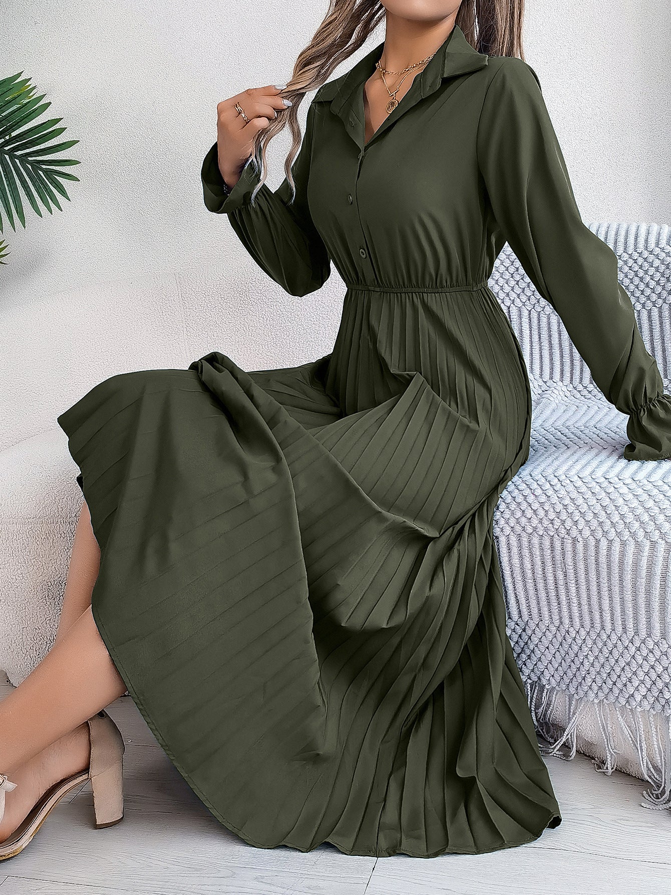 Women's Casual Polo Collar Button Long Sleeve Cinched Clothing