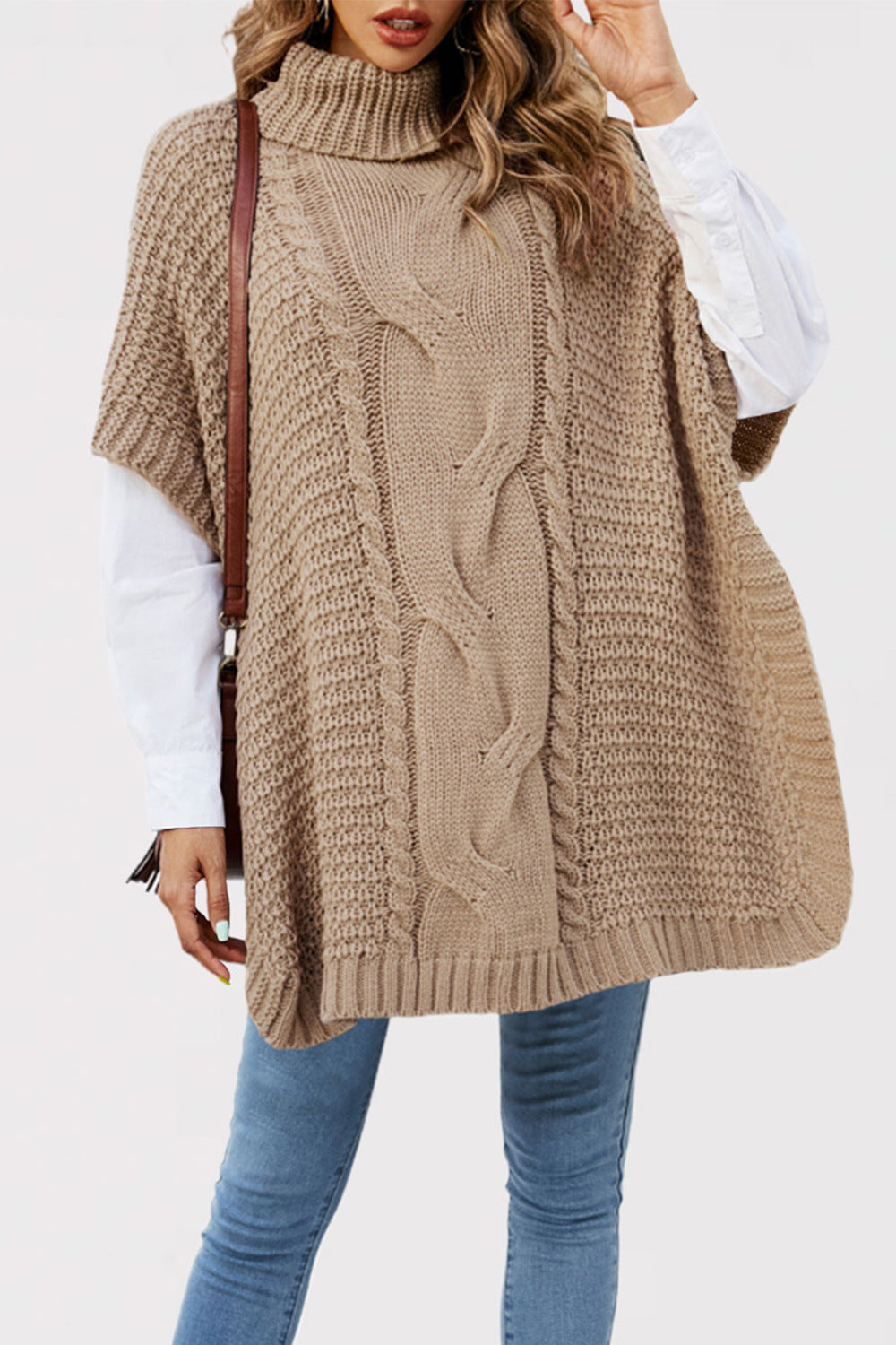 Women's Turtleneck Twist Shawl Loose Half Sleeve Knitwear