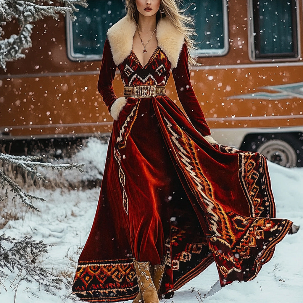 Women's Digital Printed Fur Collar Flannel Long Dresses