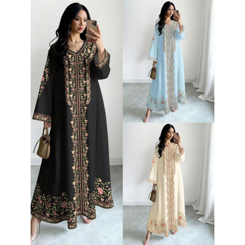 Ladies Plant Flower Fashion Temperament Printed Casual Loose Flared Dress