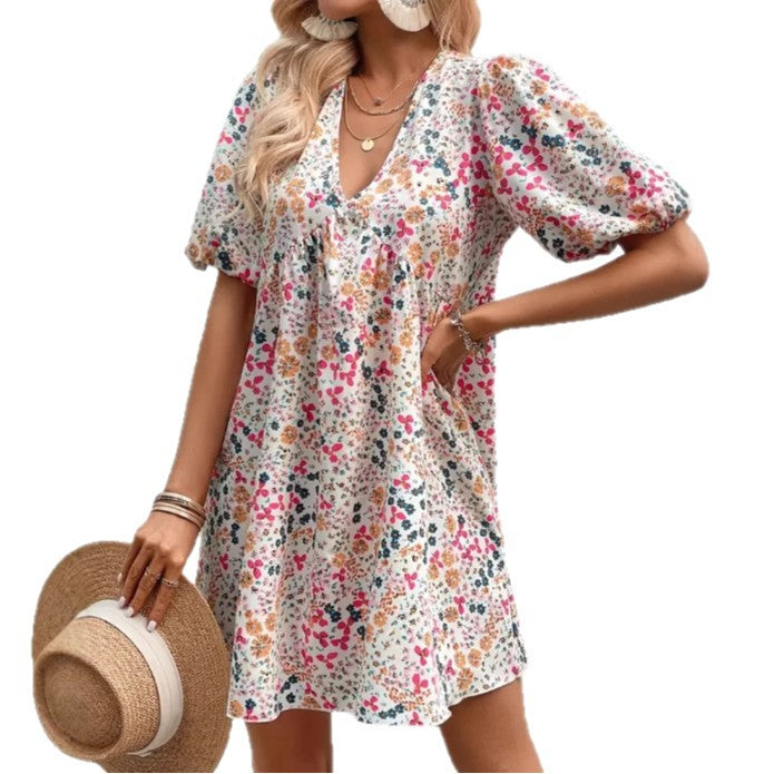 Women's Summer Sweet Floral Printed Puff Sleeve Pleated Casual Dress