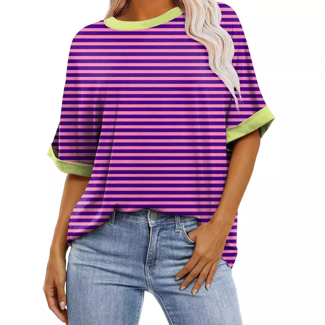 Women's Gradient Color Sleeve Casual Round Neck Blouses