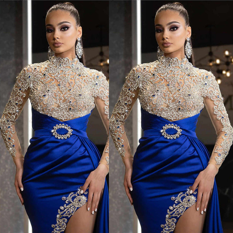 Women's Blue Gold Split Stitching Neck Dress