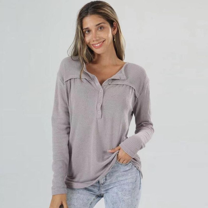 Women's Waffle Autumn Loose Button Long Sleeve Tops