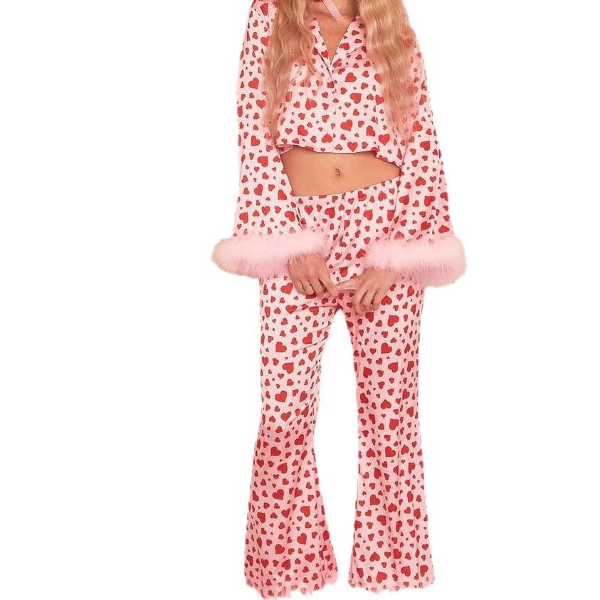 Heart Printing Fur Navel Two-piece Button Suits