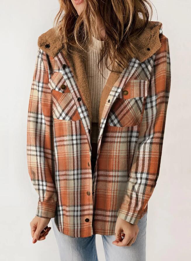 Women's Plaid Long Sleeve Furry Hooded With Coats
