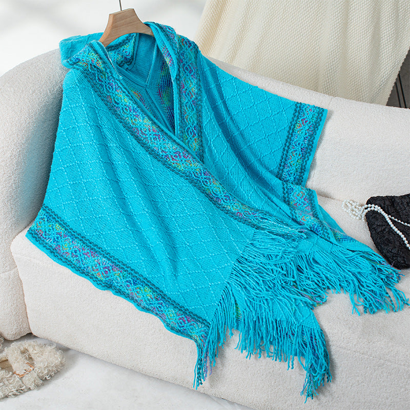 Women's Ethnic Style Knitted Hooded Tassel Cape Women's Sweater