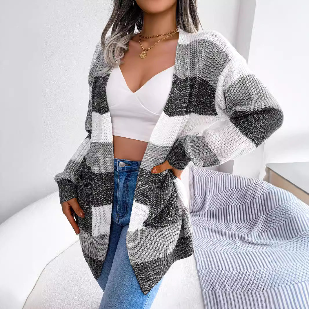 Women's Contrast Color Striped Lantern Sleeve Casual Cardigans