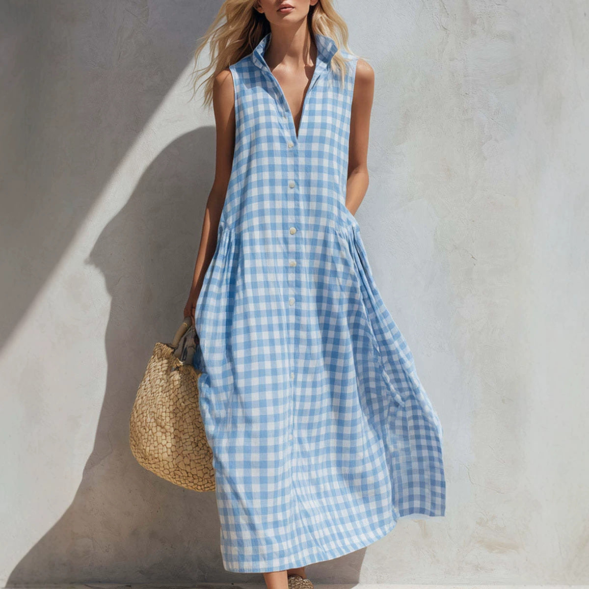 Sleeveless Summer Vacation Style Seaside Plaid Loose Dress