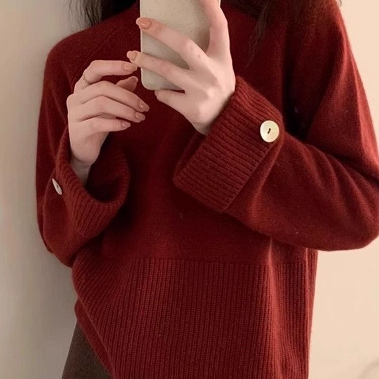 Women's Round Neck Pullover Thickened Niche Design Button Long Tops