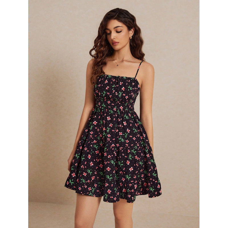 Unique Classy Elegant Floral Strap Smocking Dress