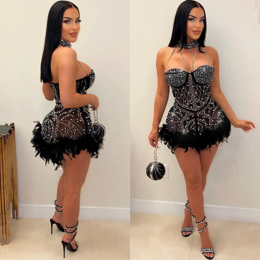 Women's Rhinestone Beaded Sexy Mesh Nightclub Feather Jumpsuits