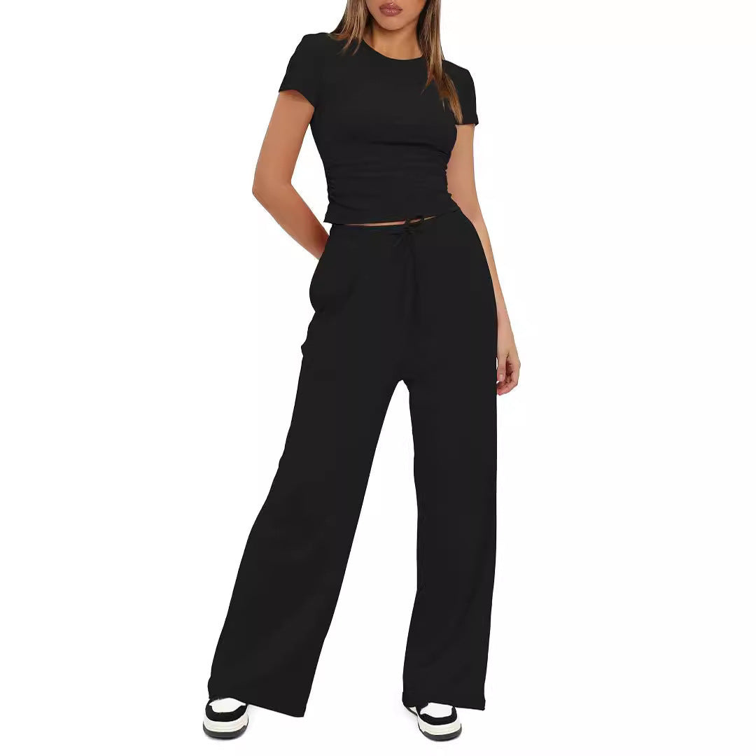 Color Pleated Sleeve High Waist Wide Tops