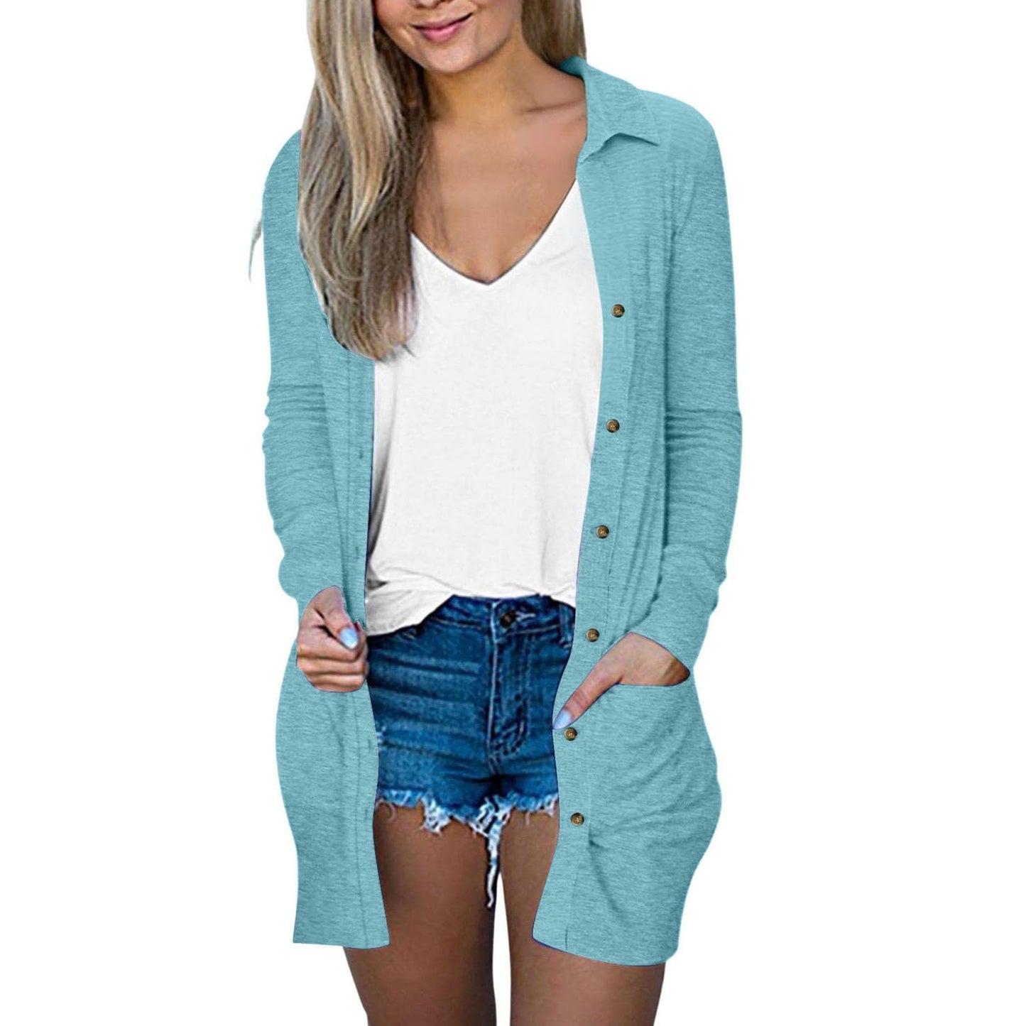 Women's Button Double Pocket Solid Color Casual Polo Collar Long Cardigans