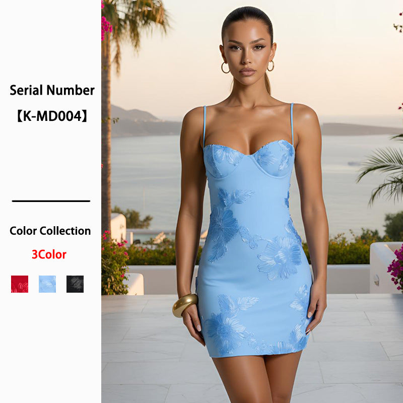 Women's Red For Three-dimensional Flower Embroidered Strap Dress