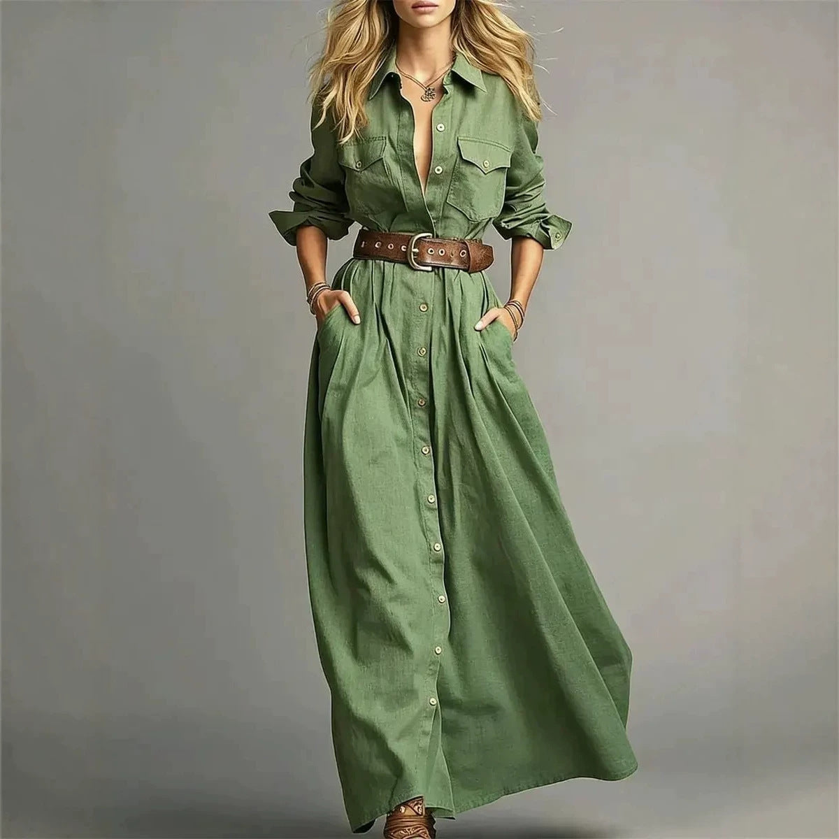 Women's Solid Color Elegant Long Shirt Button Dress