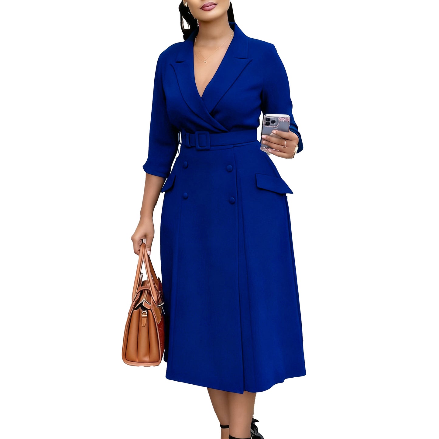 Women's Long Sleeve Collar Double Breasted Midi Dress