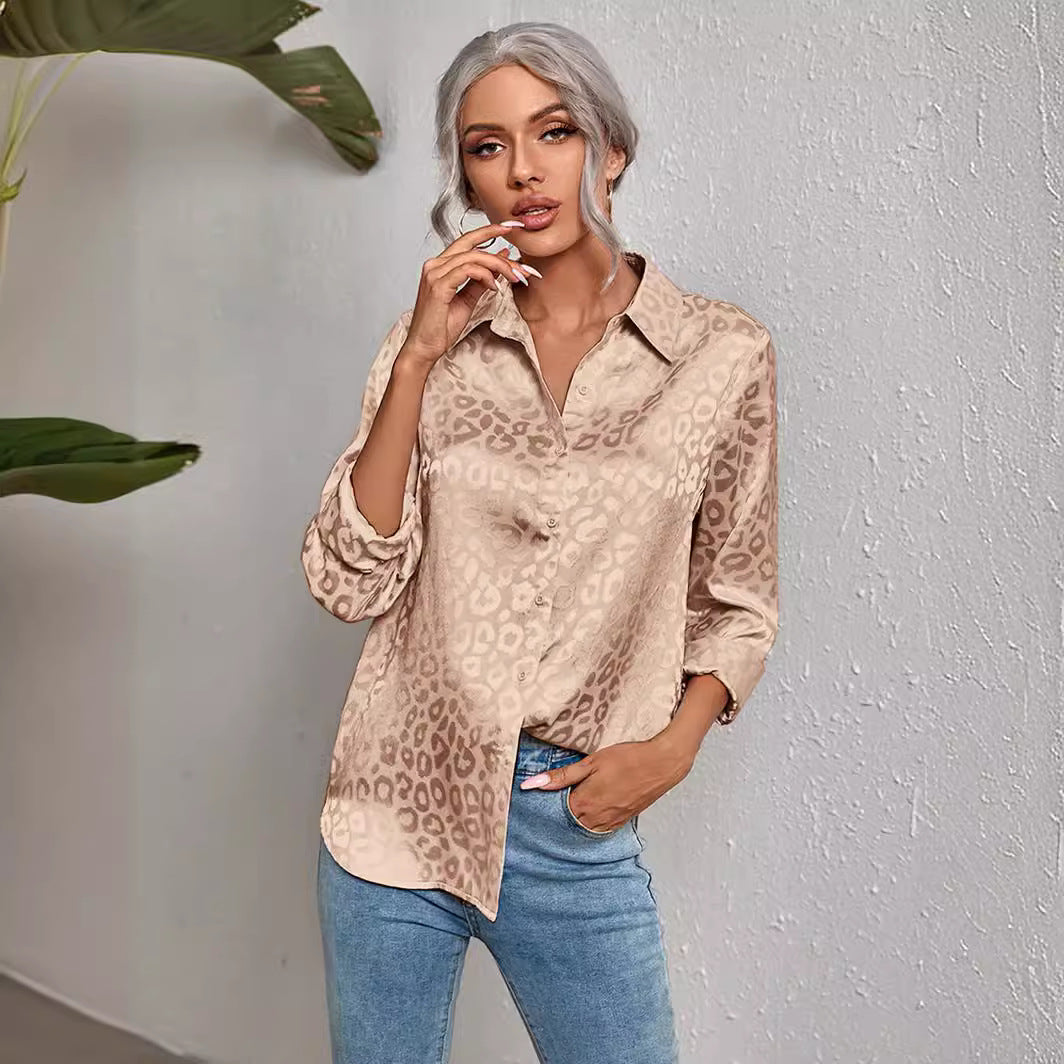 Women's Lapel Open Button Leopard Jacquard Shirt Temperament Blouses
