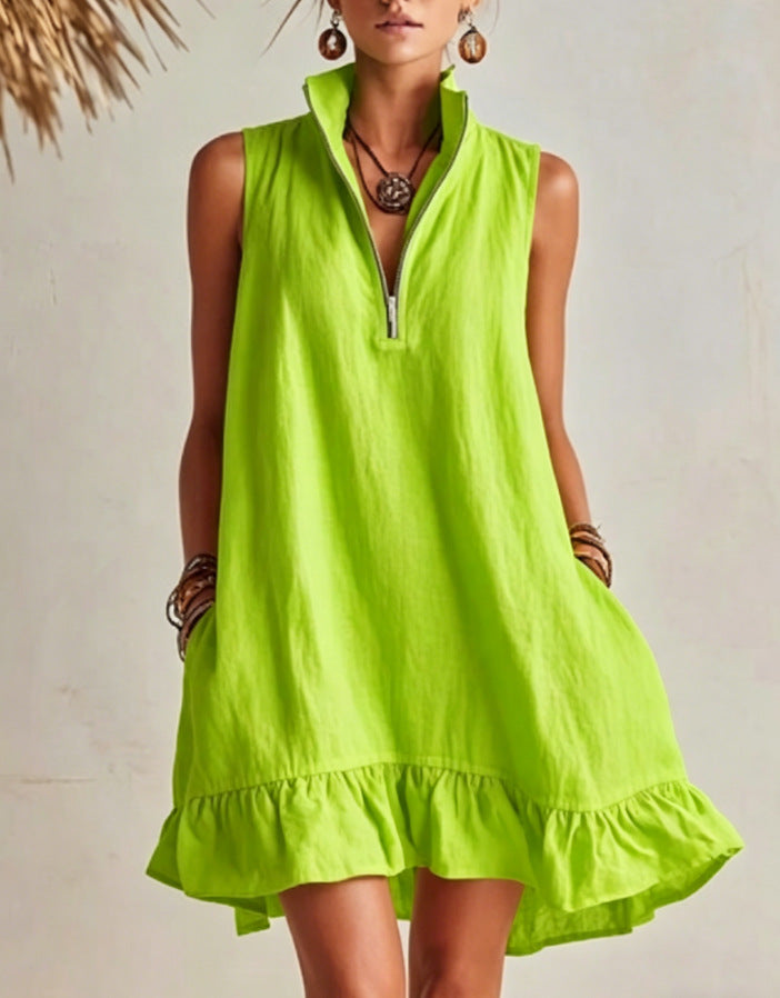 Women's Casual Loose Lotus Leaf Half Zip Dress
