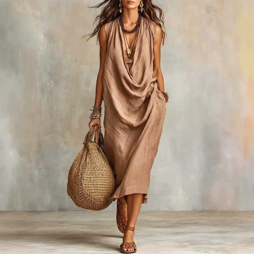 Women's Casual Sleeve Loose Swing Collar Cotton Dress