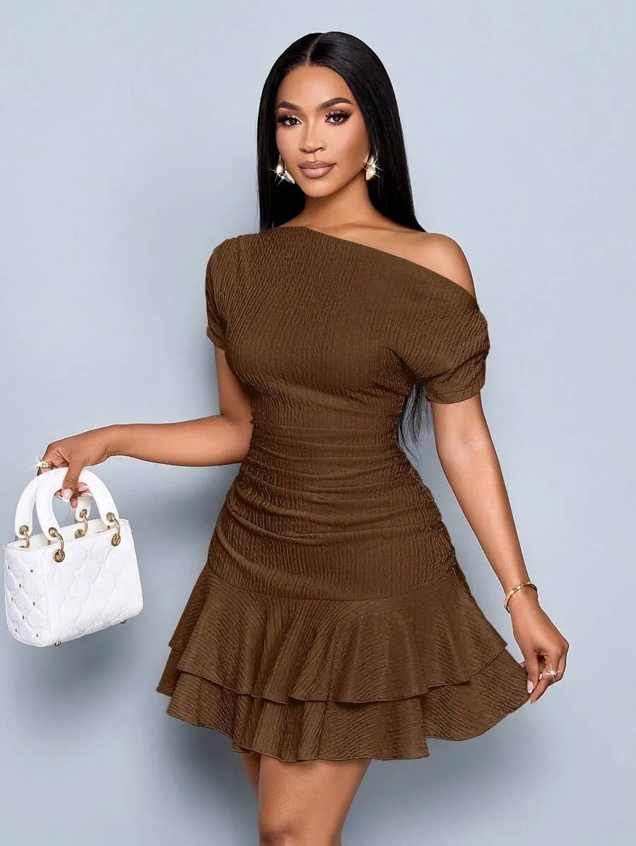 Women's Summer Solid Color Oblique Shoulder Ruffled Dress