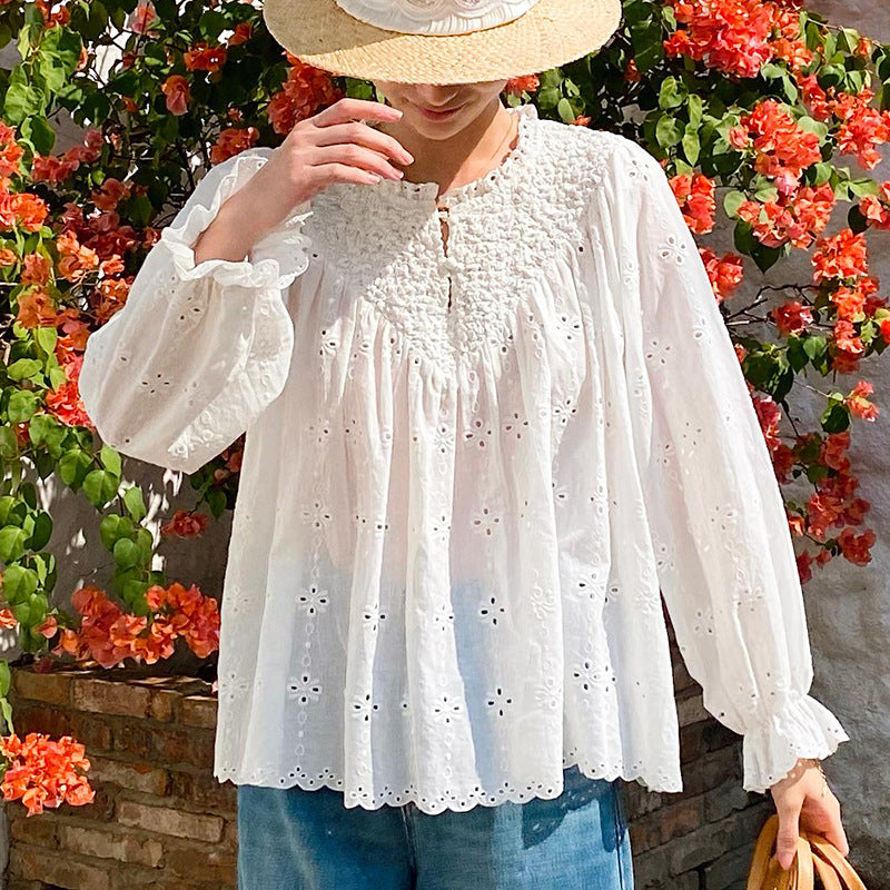 Women's Spring French Embroidery Shirt Long Sleeve Loose-fitting Blouses