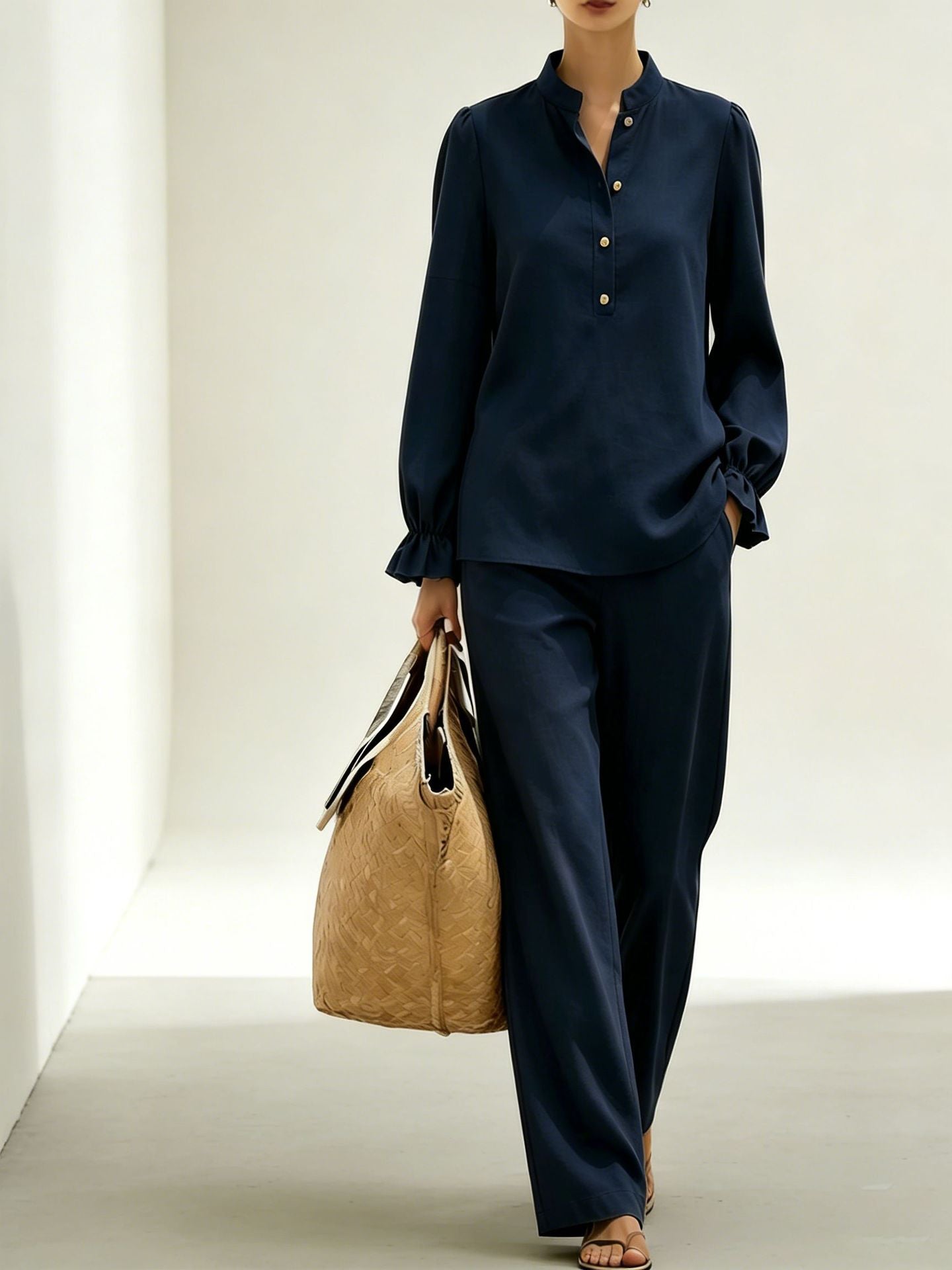 Women's Ruffled Bubble Long Sleeve Lining High Fashion Casual Suit