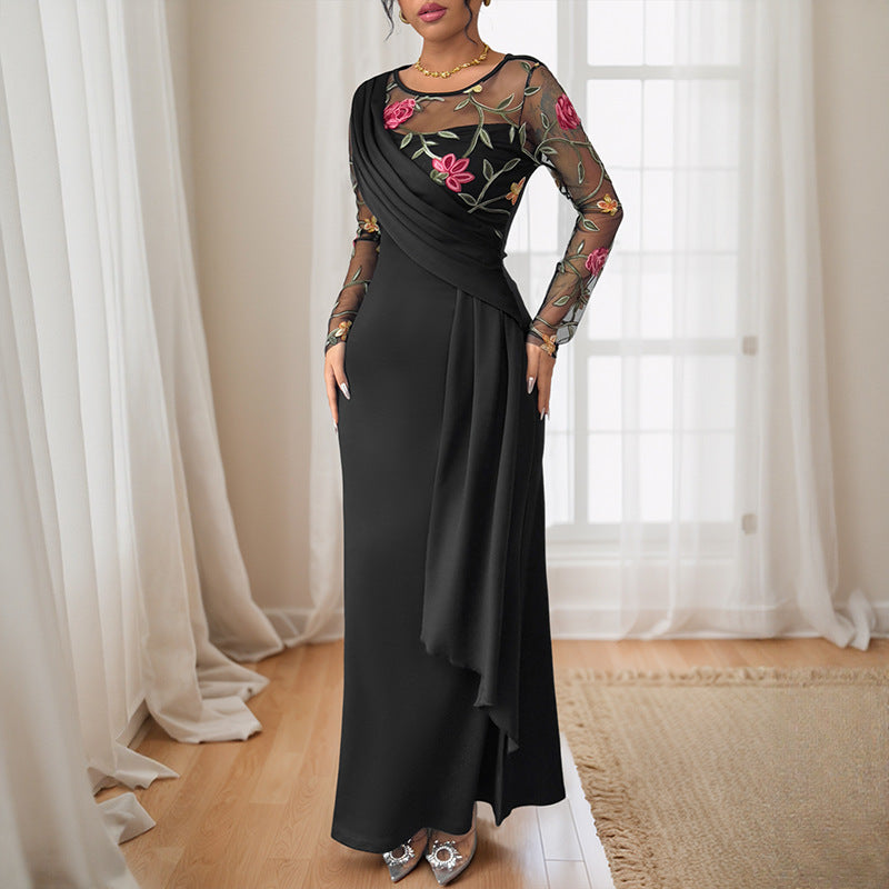 Women's Retro Temperament Crew Neck Mesh Embroidery Dresses