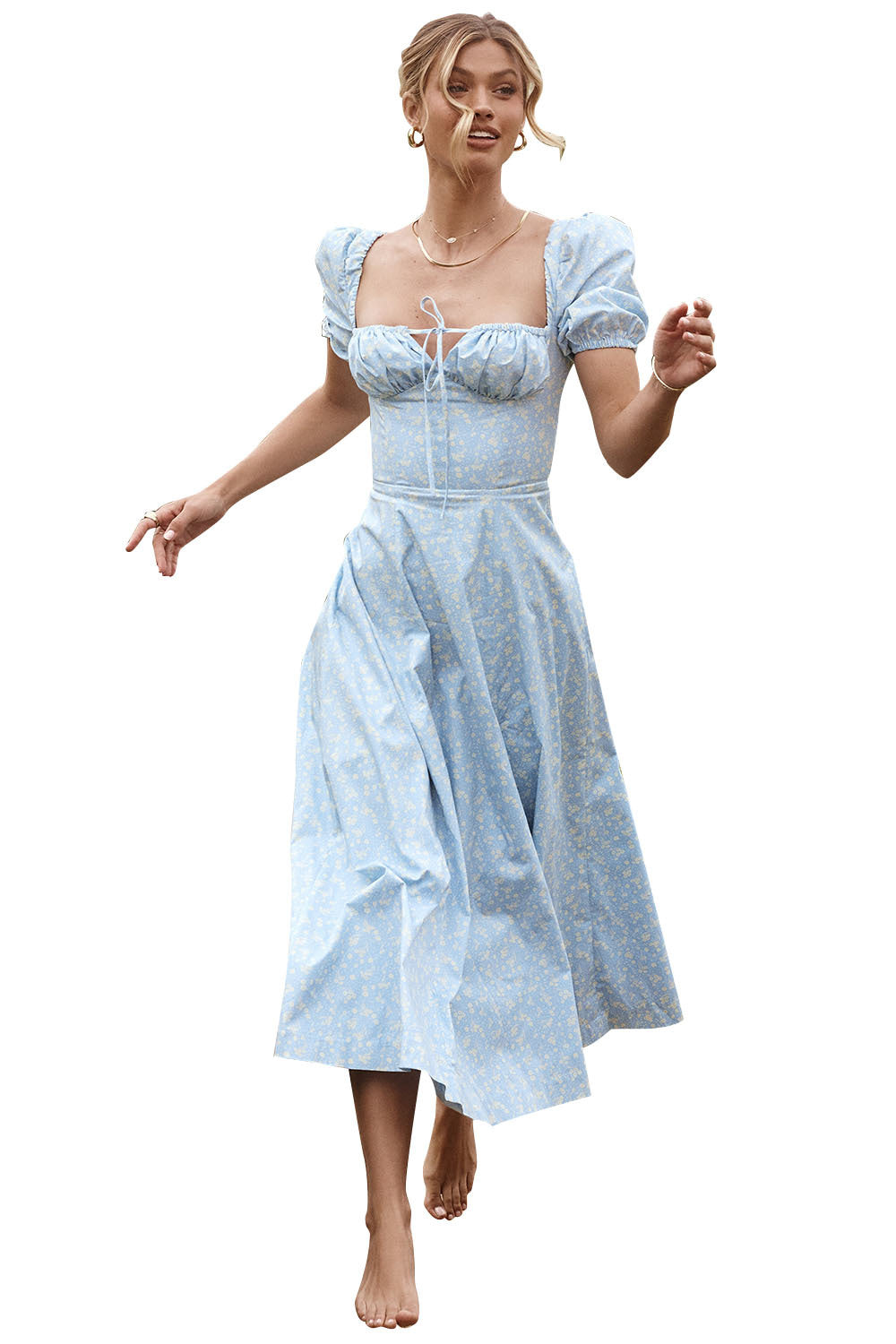 Summer Fashion Puff Sleeve Floral Split Maxi Dresses