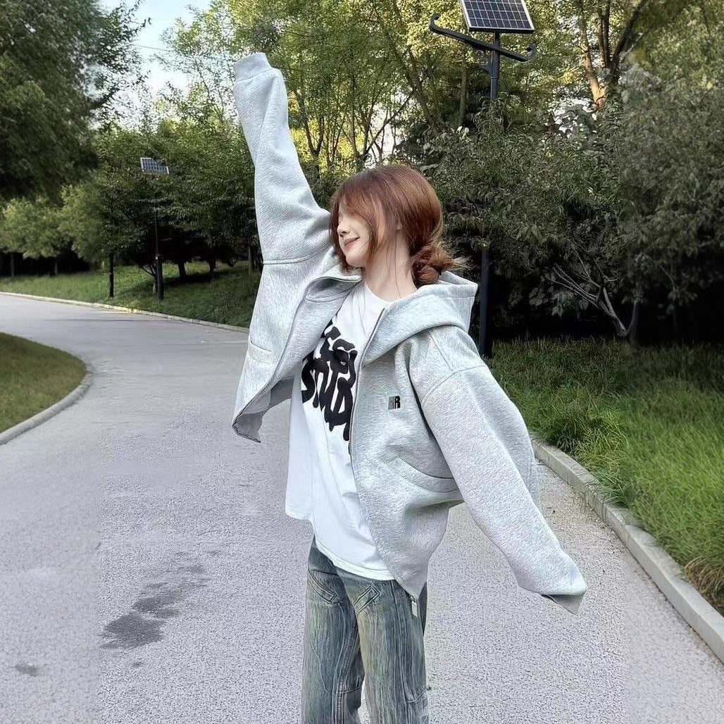 Women's Korean Style Zipper Outerwear Simple Lazy Hooded Sweaters