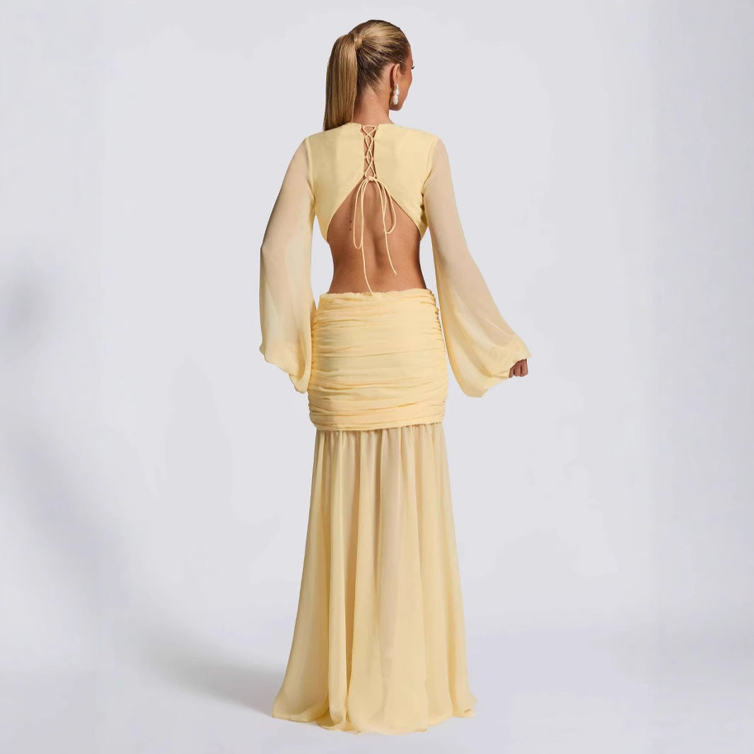 Women's Chiffon Dress Yarn Sleeve Sexy Backless Dresses
